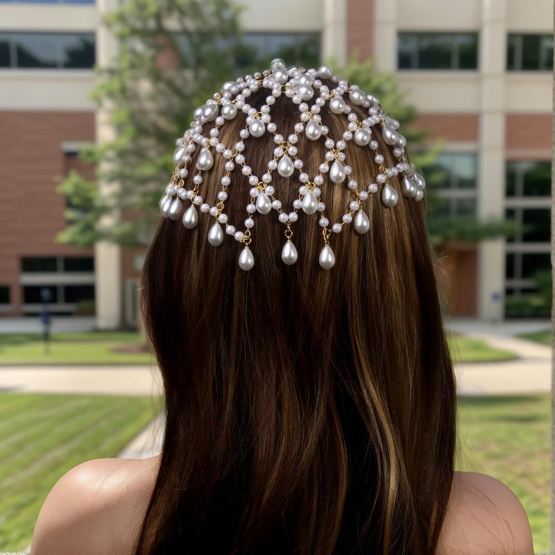 STONEFANS Gold Hair Accessories - Gold Pearl Fairy Headpiece for Women Flapper Renaissance 1920s Pearl Hair Accessories for Women Head Chain Pearls Jewelry Prom Party - Image 3